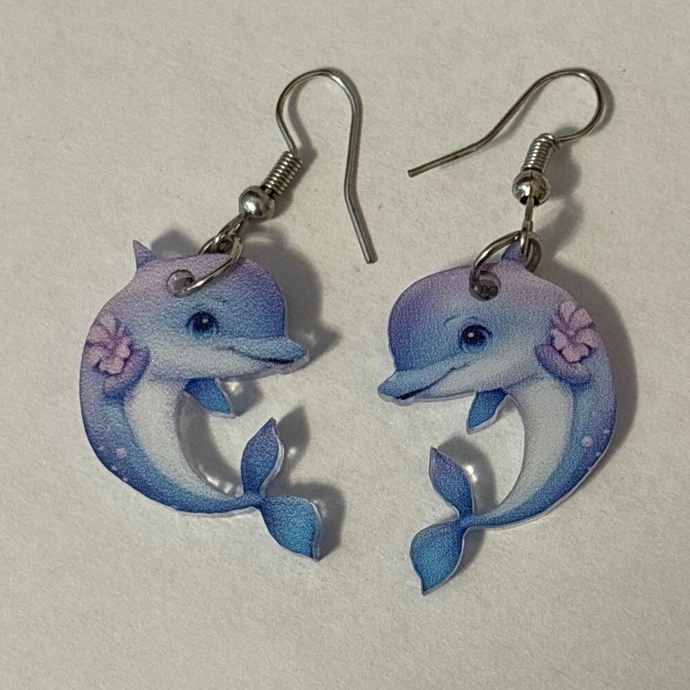 Acrylic Blue Dolphin Dangle Earrings